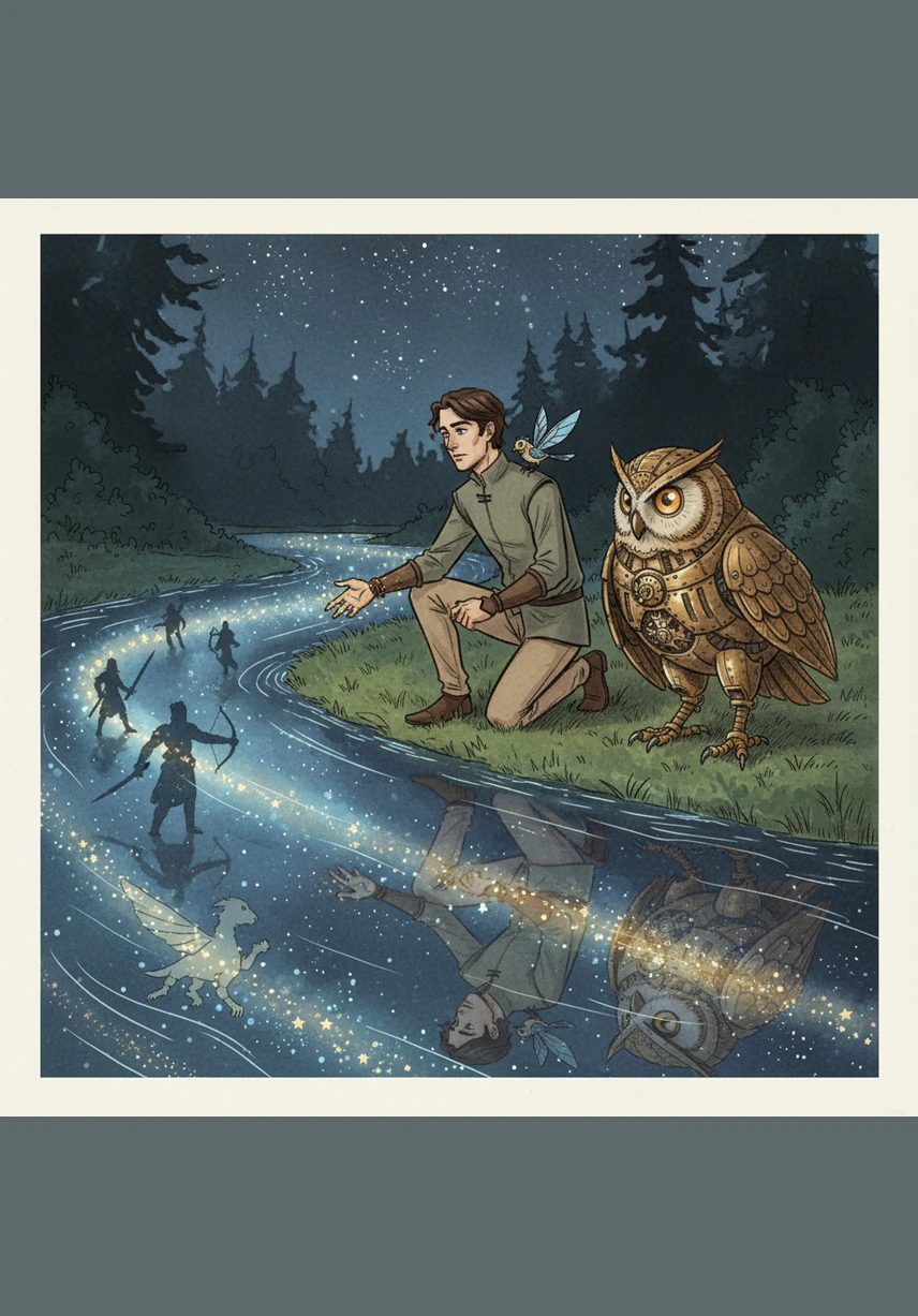 They reached the banks of a river filled with liquid stars, where the water didn't splash but whispered secrets of the past and future. Elias knelt by the edge, watching as reflections of legendary heroes and mythical beasts flickered and moved across the glowing surface.
