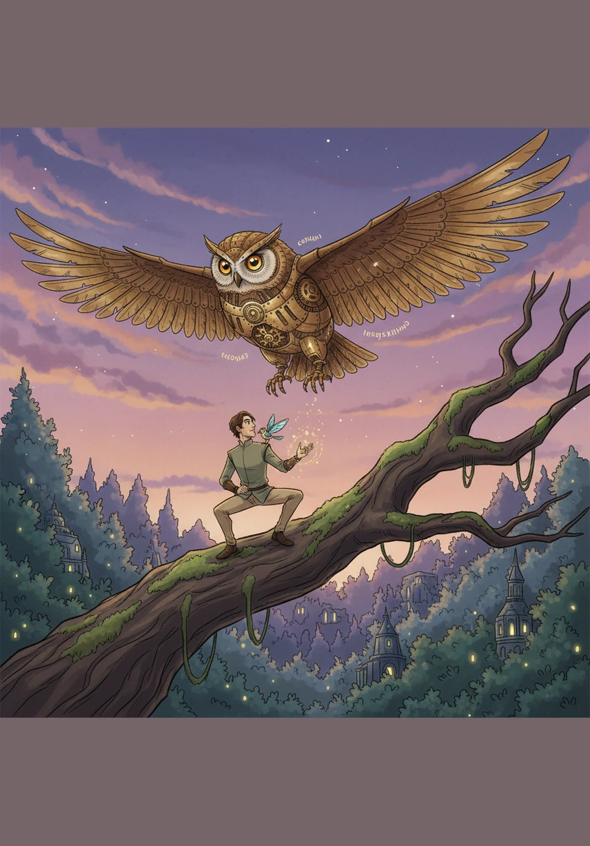 High above, a giant clockwork owl with amber eyes glided through the twilight sky, its gears clicking in perfect harmony with the forest's song. It was the Guardian of the Library of Time, watching over every story ever told and those yet to be written by travelers like Elias.