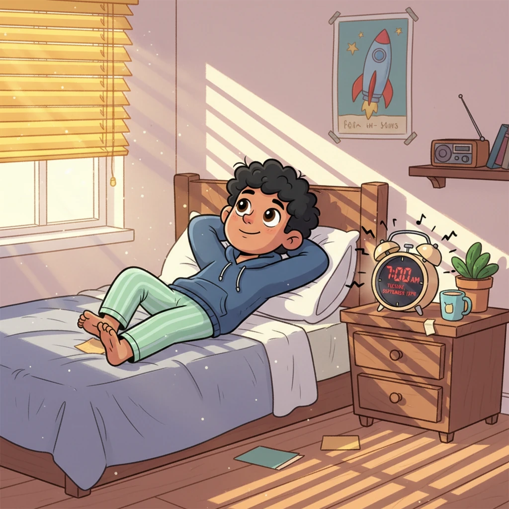 The alarm clock on Leo's cluttered nightstand screams "7:00 AM," its red digits also declaring "TUESDAY, SEPTEMBER 15TH." Pale sunlight peeks through crooked blinds, painting stripes across his cozy, slightly chaotic bedroom. Leo, a young man with a perpetually rumpled hoodie, rolls onto his back, his eyes fixed on the ceiling as a talk radio host begins a familiar joke. He silently mouths each word a beat before it's spoken, a tiny, amused smile playing on his lips.