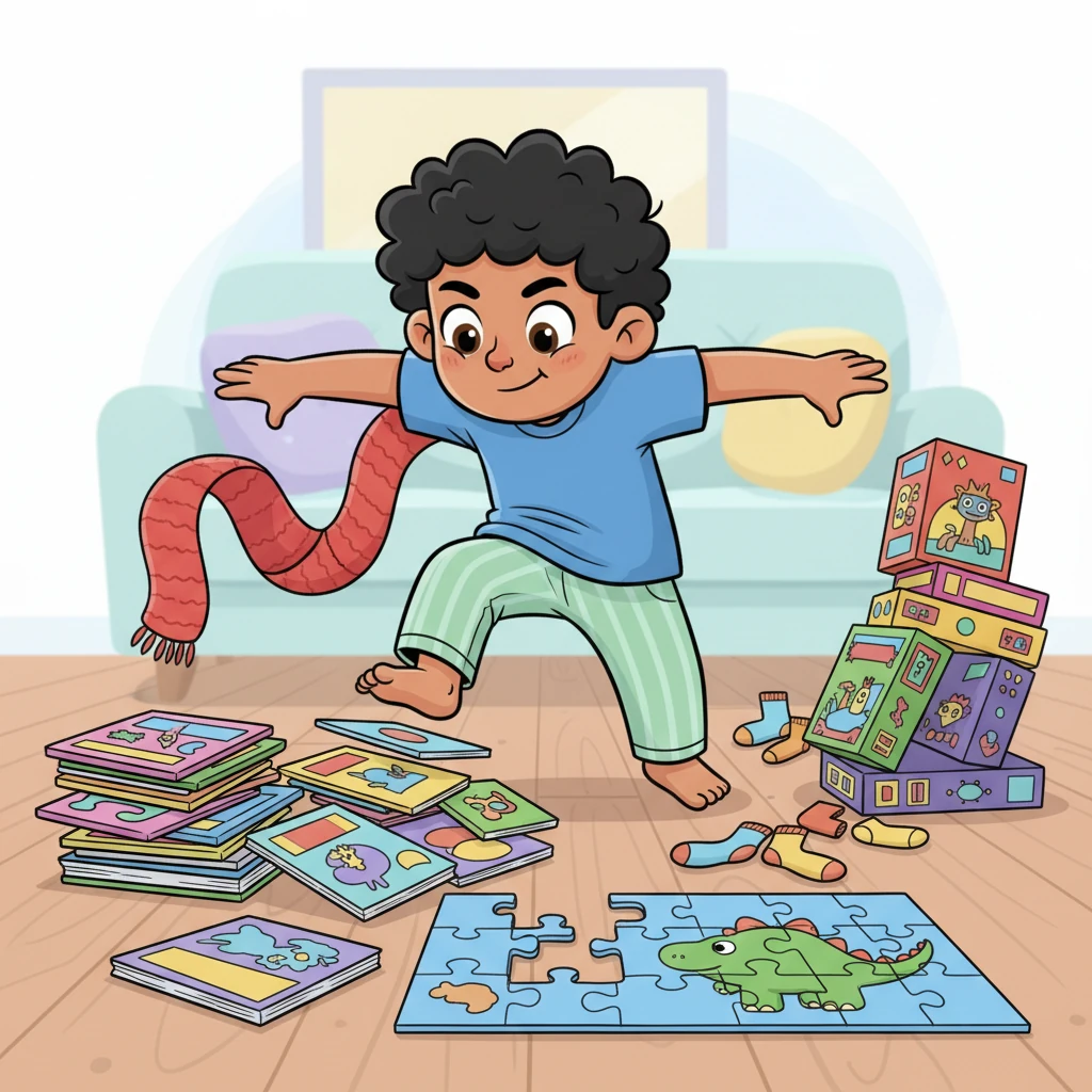 Leo embarks on his journey to the kitchen, a path that requires nimble footwork through a colorful landscape of forgotten books, discarded socks, and a half-built puzzle. He steps over a pile of comics, ducks under a dangling scarf, and carefully navigates around a leaning tower of board games. Each step is a mini-adventure, filled with exaggerated tiptoes and comical swerves.