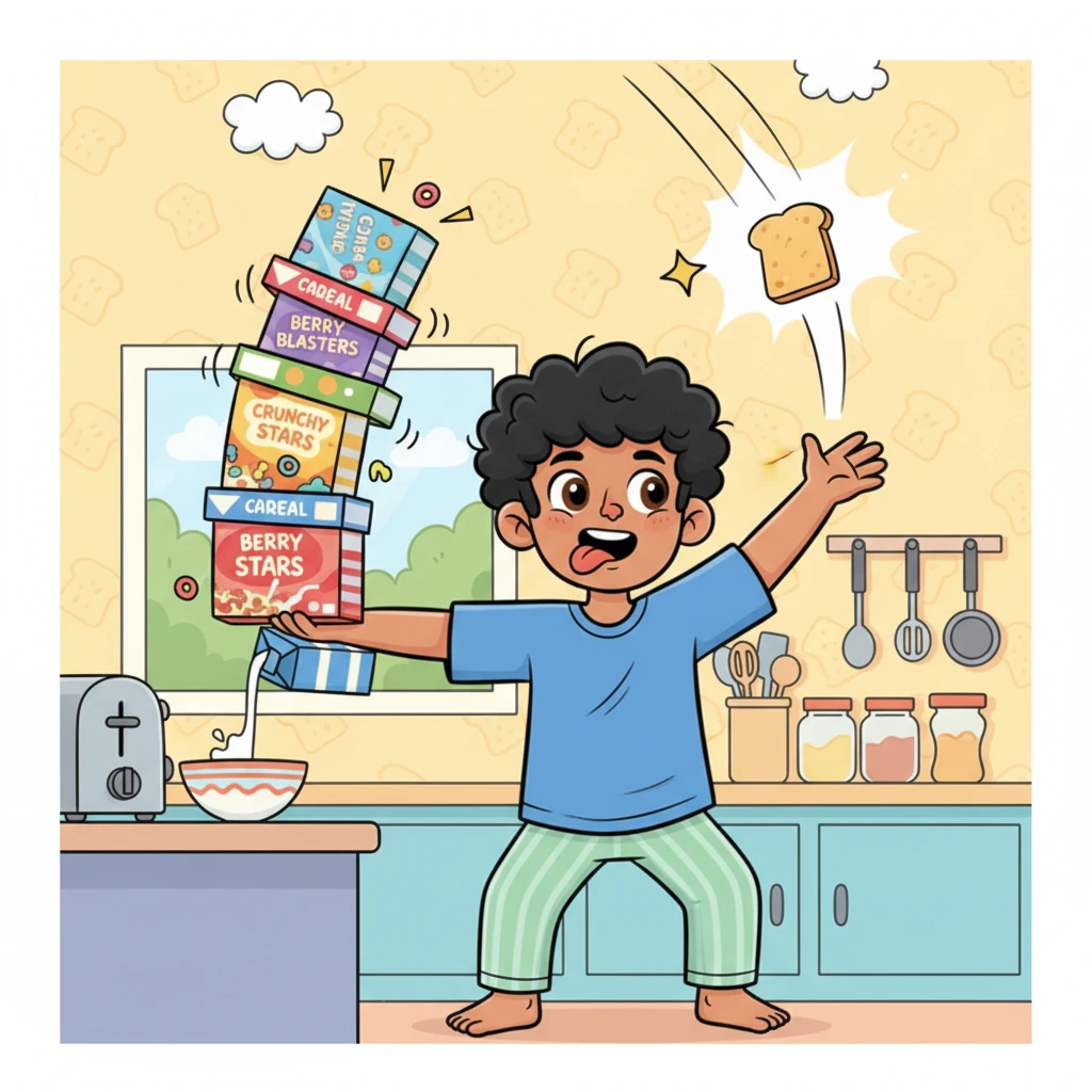 In the kitchen, Leo performs a spectacular, multi-tasking breakfast ballet. He balances a teetering stack of cereal boxes on one arm while pouring milk with the other, his tongue poking out in concentration. A piece of toast pops up with a cheerful "BOING!", nearly hitting the ceiling, as he expertly catches it mid-air with a flourish.