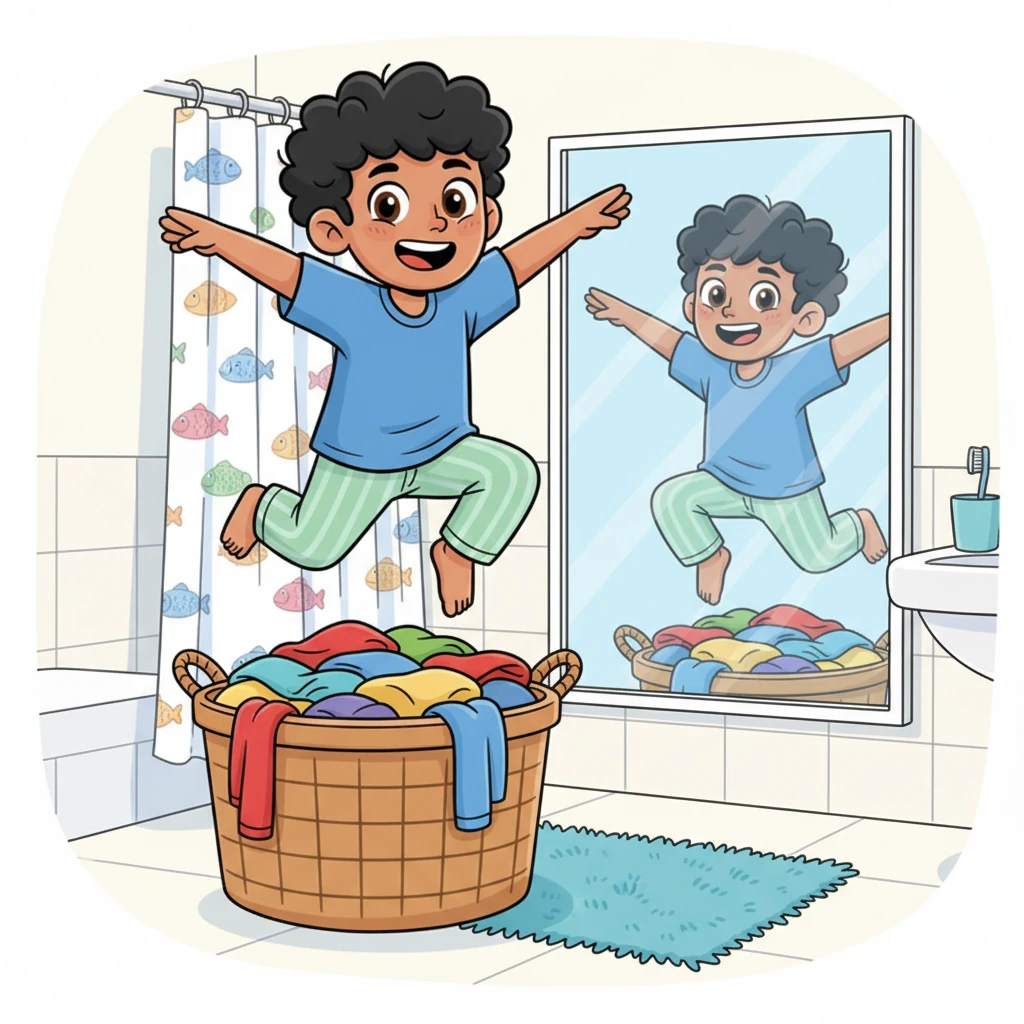 Next up is the bathroom, a quest that involves a dramatic leap over a laundry basket overflowing with brightly colored clothes. Leo makes a heroic dive, landing perfectly on the bathmat, his arms spread wide like a superhero. He grins at his reflection, ready to conquer the next challenge of the morning.