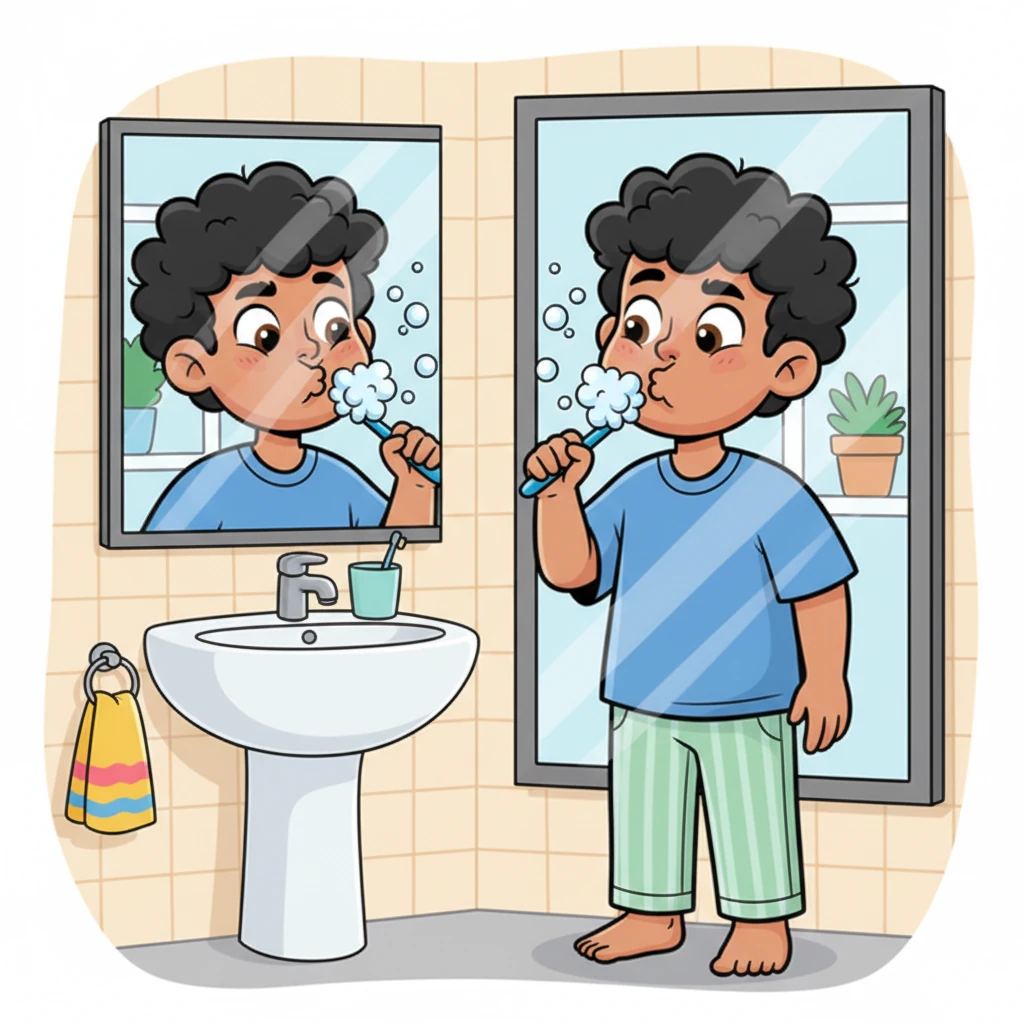 Standing before the mirror, Leo vigorously brushes his teeth, his reflection mimicking his exaggerated scrubbing motions. He makes a series of funny faces – a puffed-out cheek monster, a wide-eyed surprised owl – giggling at himself in the steamy glass. His toothbrush becomes a tiny, bubbly sword in his mouth.