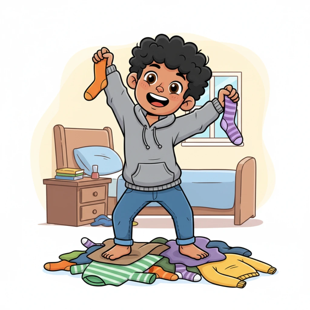 Back in his bedroom, Leo faces the ultimate morning puzzle: choosing an outfit from his "clean-ish" pile. He pulls out a bright orange sock, then a striped purple one, holding them up with a puzzled expression. Finally, he settles on his favorite rumpled hoodie and a pair of comfy blue jeans, celebrating his choice with a little victory dance.
