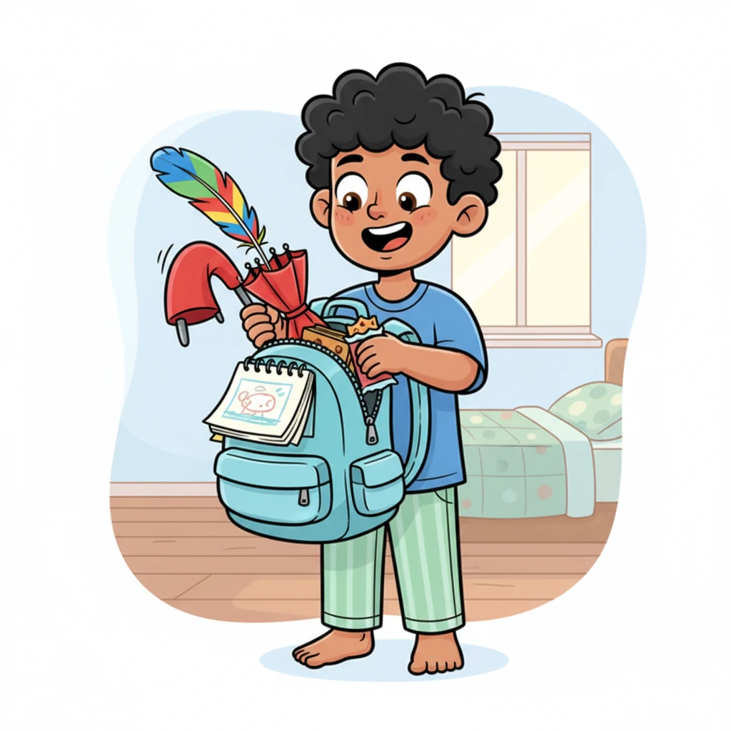 He gathers his essentials for the day, stuffing a sketchbook, a half-eaten granola bar, and a very bent umbrella into his trusty backpack. As he zips it up, a colorful feather from an unknown source playfully pokes out, making him chuckle. His bag bulges with the delightful chaos of his creative life.