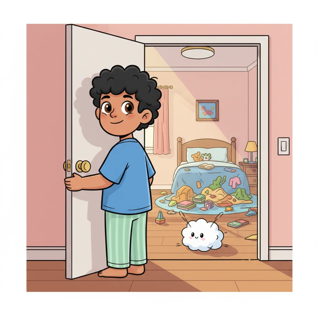 Before heading out, Leo pauses at his apartment door, taking one last look at his wonderfully messy domain. A ray of sunshine illuminates a dust bunny shaped like a tiny cloud, and he smiles a knowing, affectionate smile. This chaotic space is uniquely his, a canvas of his vibrant life.