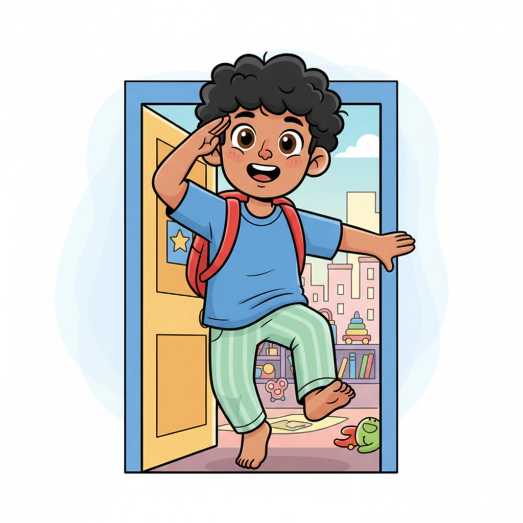 With a cheerful bounce in his step, Leo bursts out of his apartment door, his backpack swaying playfully behind him. He gives a quick, imaginary salute to his colorful, cluttered home, ready to greet the day with a refreshed spirit and a big, happy grin. The world outside awaits his lively energy.