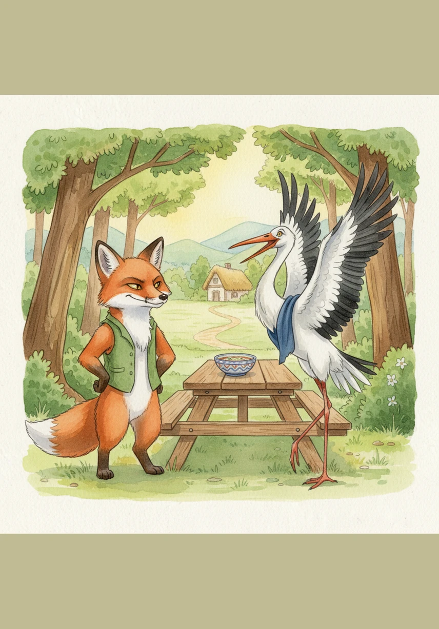 In a vibrant, sun-drenched forest, a clever Fox named Felix and a graceful Stork named Sophie stand together near a bubbling brook. The trees are lush and green, and the atmosphere is peaceful as the two neighbors greet each other for the day.