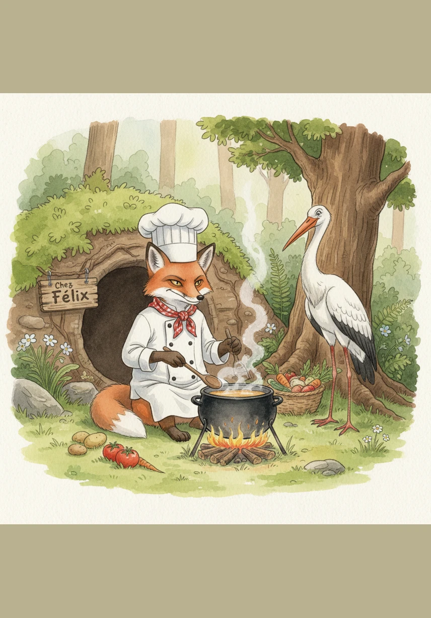 Felix the Fox sits outside his cozy underground den, wearing a sly and mischievous grin. He is known throughout the woods for his playful jokes and is currently plotting a little trick to play on his long-legged neighbor.