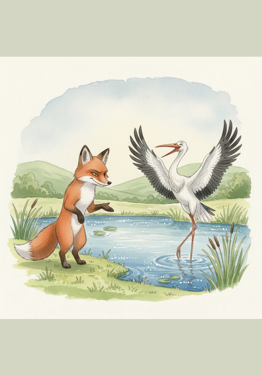 Down by the sparkling blue pond, Felix approaches Sophie the Stork with a polite bow. He invites her to his home for a special dinner, and Sophie, being very kind-hearted, accepts the invitation with a joyful flutter of her wings.