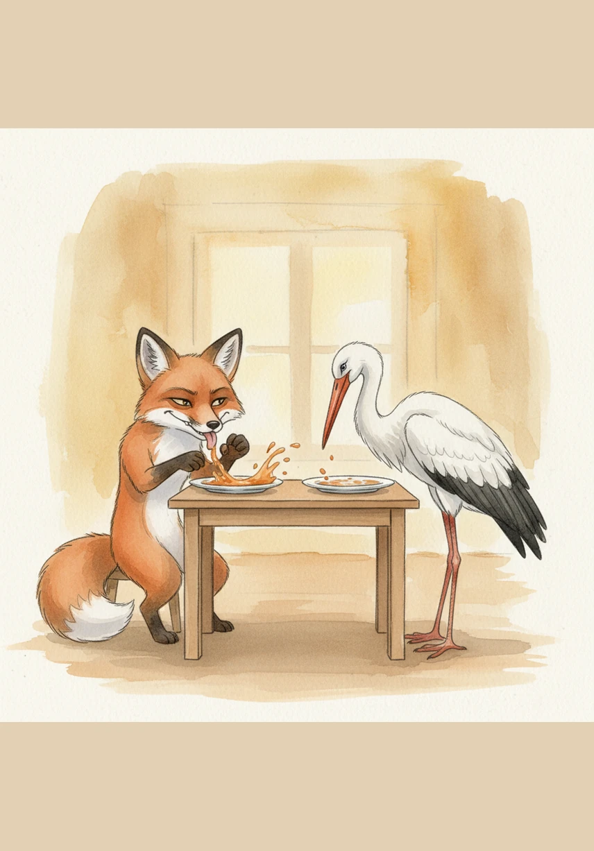 Felix laps up his soup quickly and easily with his tongue, but Sophie’s long, thin beak can only peck uselessly at the flat plate. She remains hungry and quiet while Felix pretends not to notice her struggle.