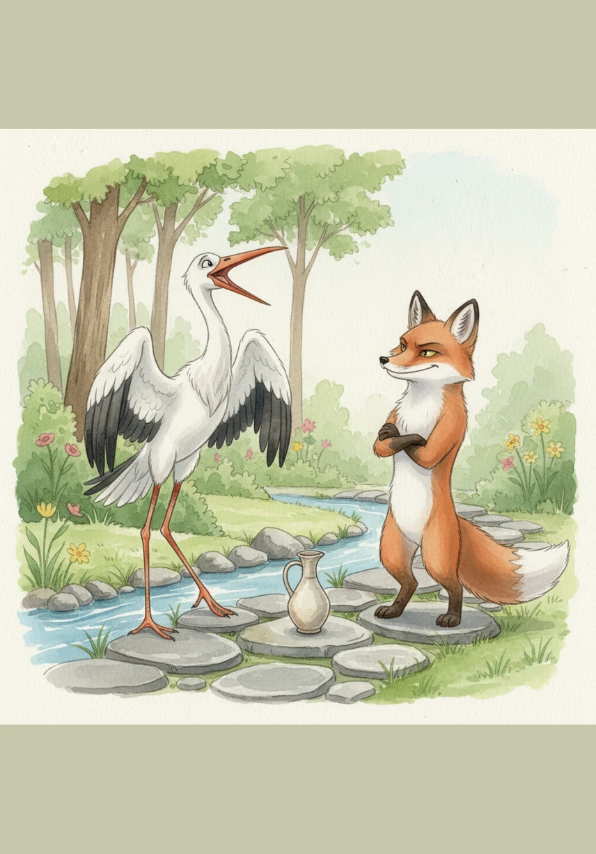 Sophie serves the meal in two tall, elegant, narrow-necked glass jars. She easily dips her long, slender beak deep into the jar to enjoy the meal, while Felix finds himself completely unable to reach the food inside.