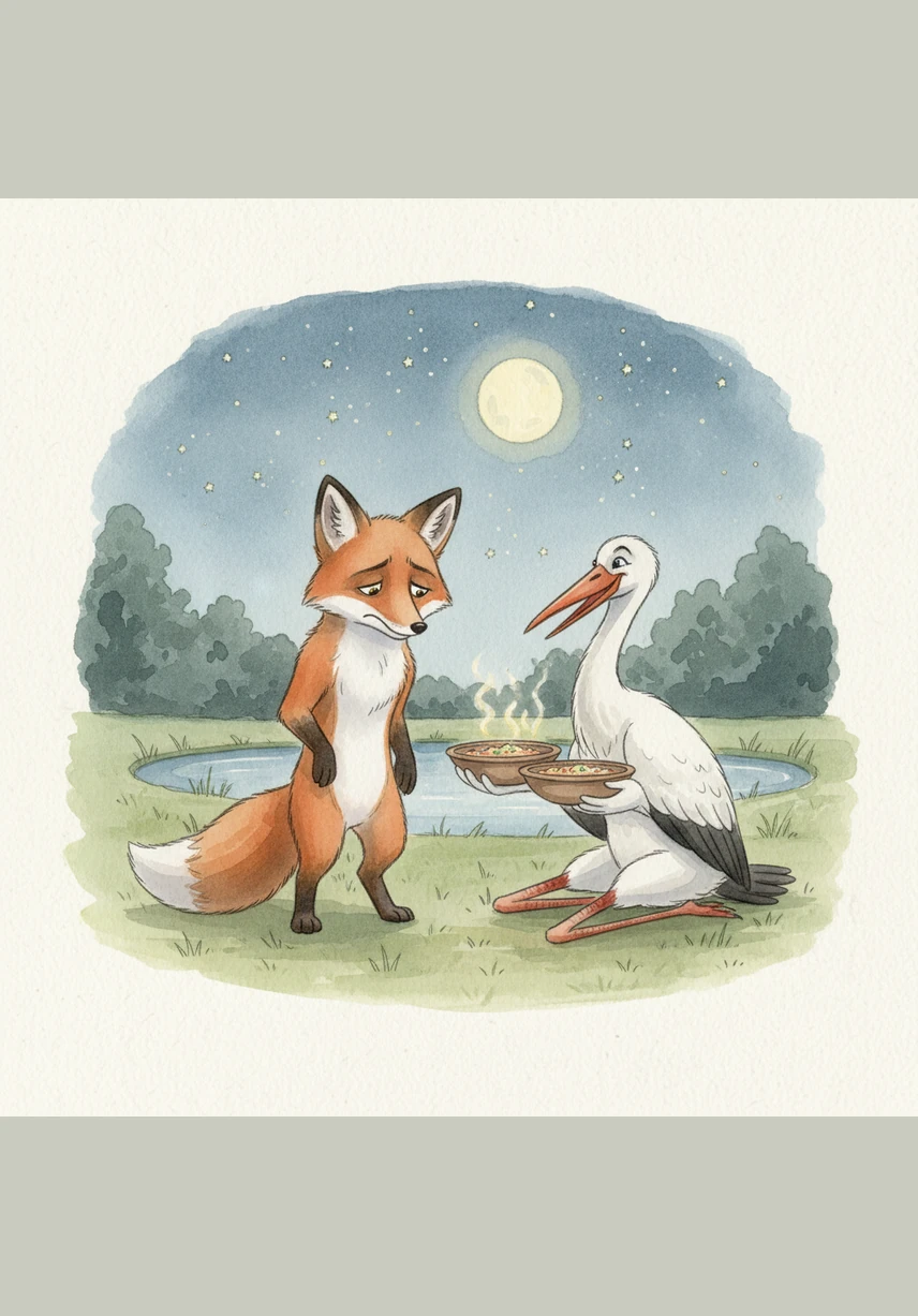 Felix offers a sincere apology for his unkind joke, and Sophie smiles warmly while bringing out two wide bowls for them to share. They sit together under the twinkling stars, learning that true friendship is the greatest feast of all.