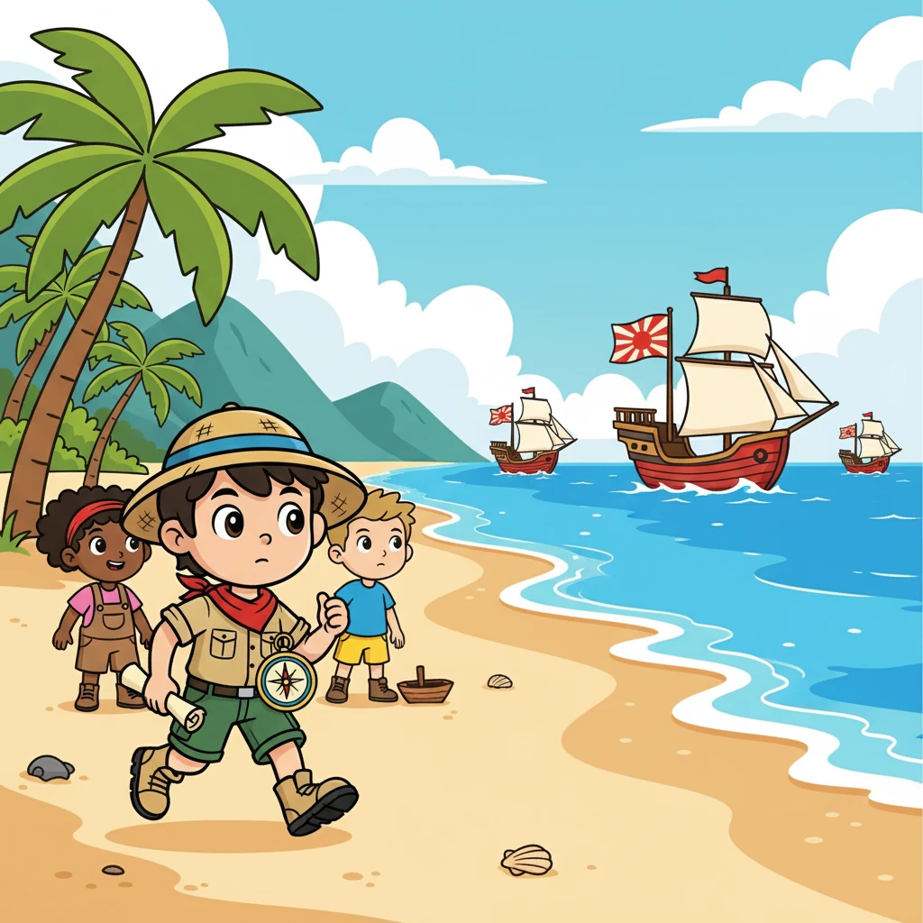 Kapal-kapal besar dengan bendera merah matahari terbit mulai mendekat ke pantai. Bima dan teman-temannya berhenti bermain, mata mereka terpaku pada pemandangan yang belum pernah mereka lihat sebelumnya. Sebuah rasa ingin tahu yang besar muncul dalam diri mereka.