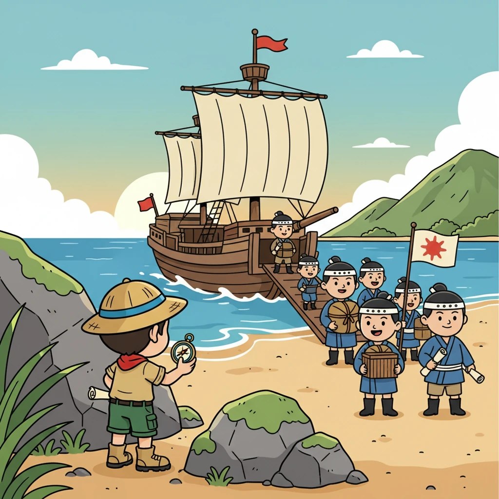 Orang-orang Jepang mulai turun dari kapal, membawa berbagai barang dan perlengkapan. Bima mengamati dengan seksama, melihat seragam mereka yang rapi dan cara mereka berkomunikasi. Ia bertanya-tanya apa tujuan mereka datang.