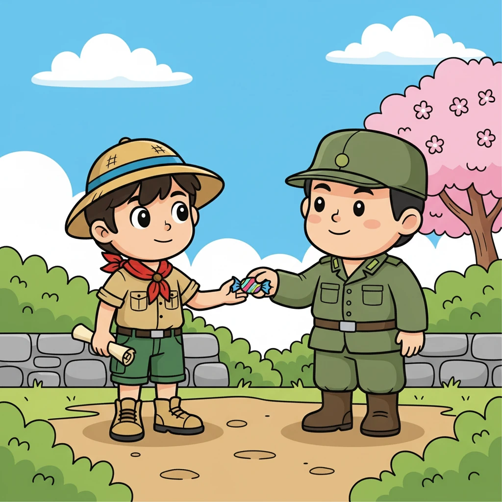Bima bertemu dengan seorang tentara Jepang bernama Kenji. Kenji, dengan senyum ramah, memberi Bima sepotong permen. Bima, yang awalnya ragu, akhirnya menerima, dan mereka mulai berteman.