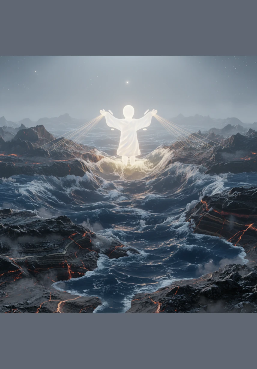 At the Creator's command, the waters gathered into deep basins to reveal the solid ground beneath. Great oceans began to roar against the shores of the newly formed continents, which the Creator named Earth.