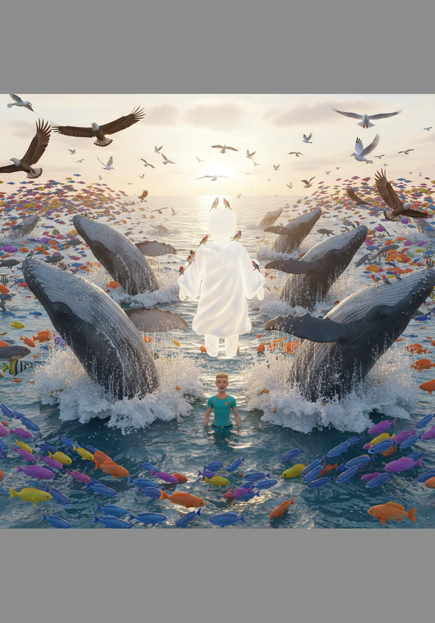 The oceans suddenly teemed with life as giant whales and colorful fish splashed through the waves. High above, birds of every feather took flight, filling the air with songs and soaring across the wide expanse of the sky.