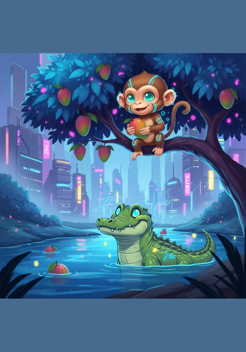 The Clever Monkey and the Crocodile. A tale of wit and friendship. The cover shows a cheerful monkey named Momo sitting in a lush mango tree while a large crocodile smiles from the blue river below.