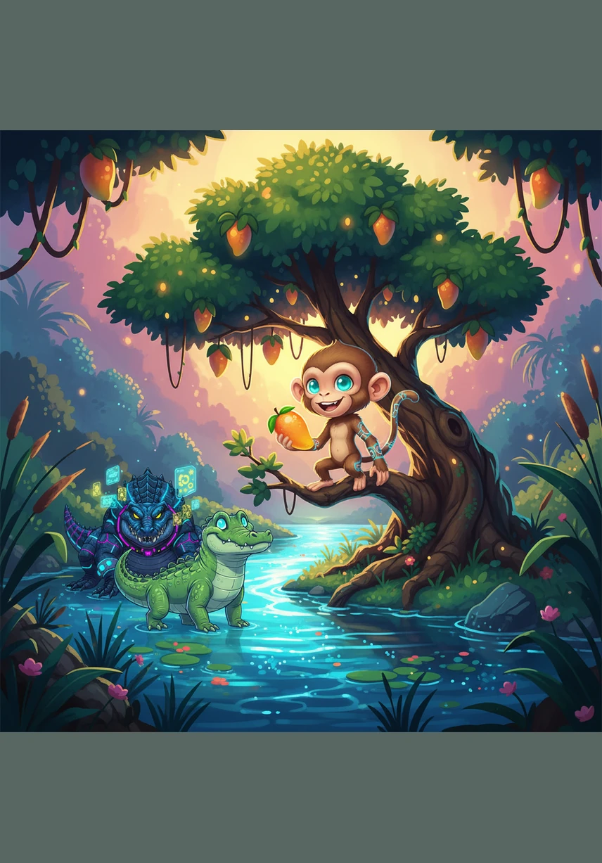 Deep in the bright green jungle, a sparkling river flowed under the warm sun. A happy monkey named Momo lived in a giant mango tree right by the water's edge. He loved his home and the sweet, juicy fruit that grew there.