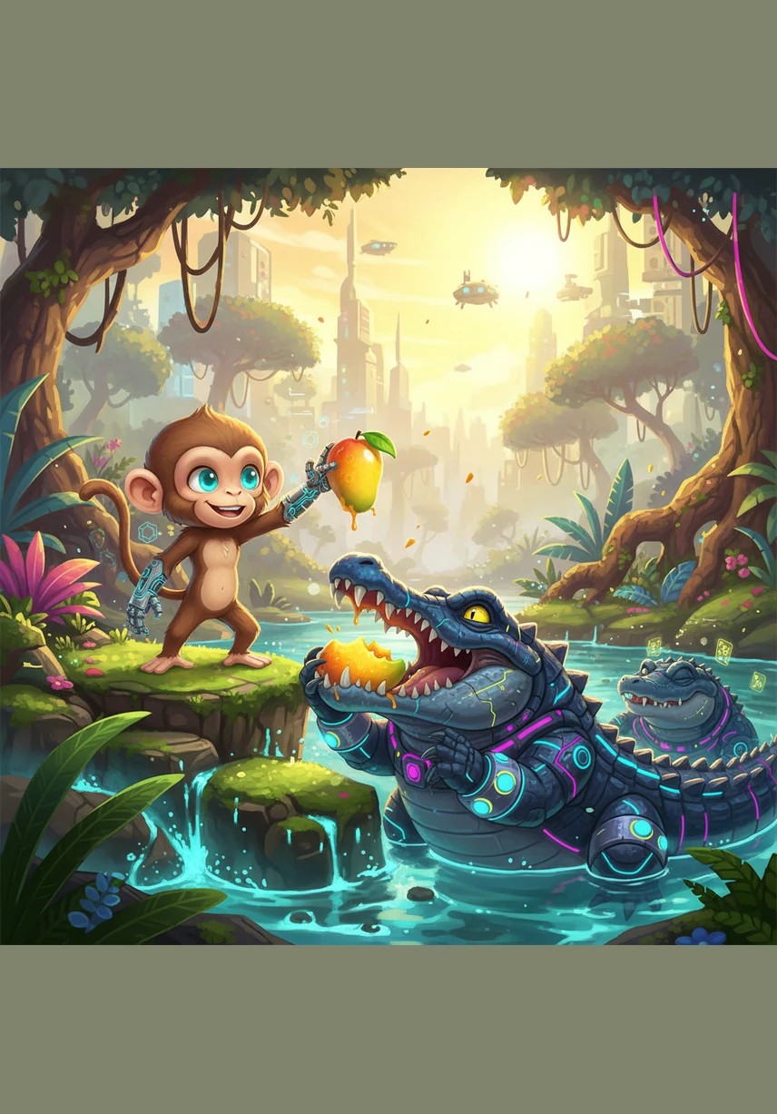 One sunny afternoon, a big crocodile named Snappy swam up to the riverbank. Momo waved a friendly hello and tossed a delicious, golden mango down to him. Snappy took a big bite and realized he had found a new friend.