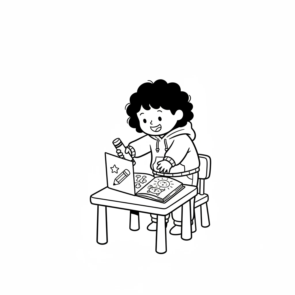 Lily found a brand-new coloring book on her table. Its cover was plain and white, waiting for colors to fill its pages. She wondered what exciting pictures lay inside, eager to begin her artistic journey.