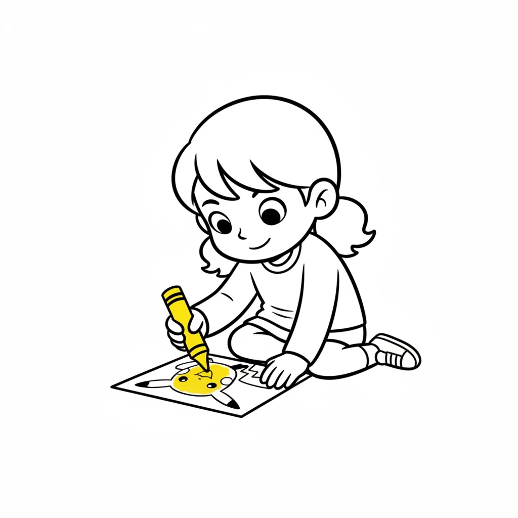 With a bright yellow crayon in hand, Lily carefully started coloring Pikachu. She moved her crayon back and forth, filling in the electric mouse's body with joyful strokes. Slowly, the white page began to glow with color.