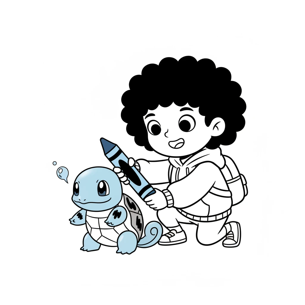 Next, Lily found a Squirtle, waiting patiently for its turn. She chose a beautiful blue crayon and carefully colored its shell and body. A tiny, bubbly water droplet appeared near its mouth.