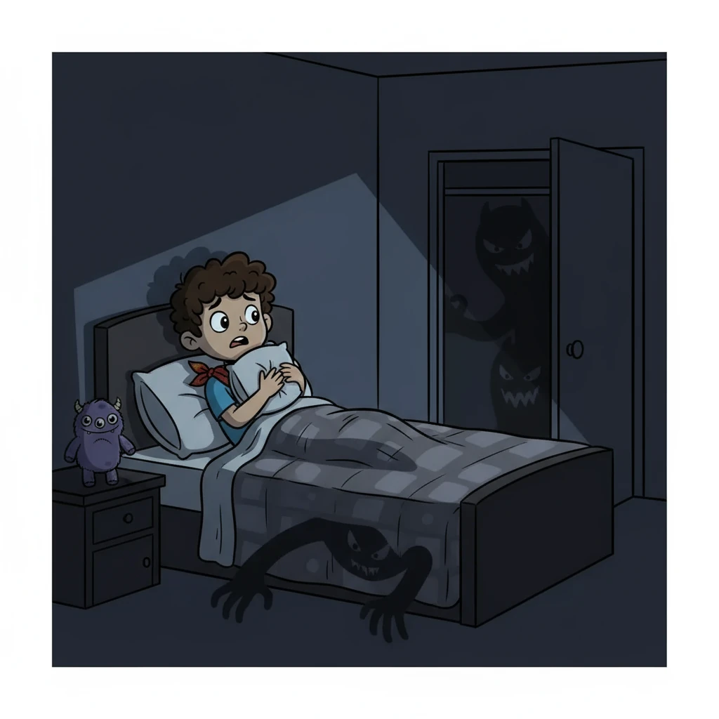 Esa noche, el miedo de Paco era más fuerte que de costumbre. La oscuridad parecía llenar toda la habitación. Imaginaba monstruos acechando bajo la cama y en el armario. Sus ojos se abrían de par en par, incapaces de cerrar.