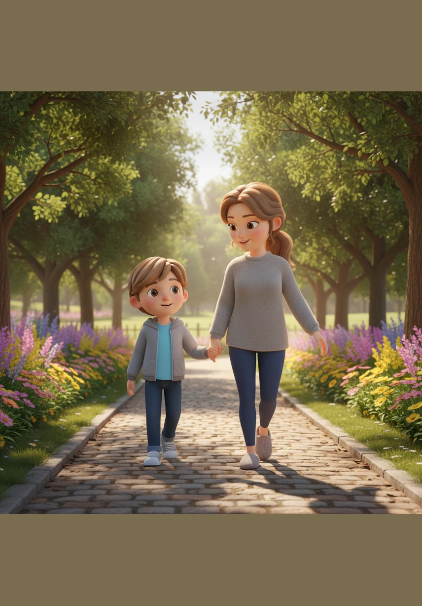 Leo and his Momma walk hand-in-hand down a sun-dappled path toward the park. The trees are lush and green, and the air is filled with the sweet scent of blooming flowers as they enjoy their favorite morning tradition.