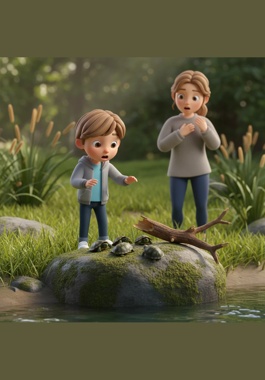 A sudden clack from a falling branch makes the turtles retreat instantly. Leo watches as their heads and limbs vanish into their sturdy shells, leaving only smooth, still shapes behind on the rock.