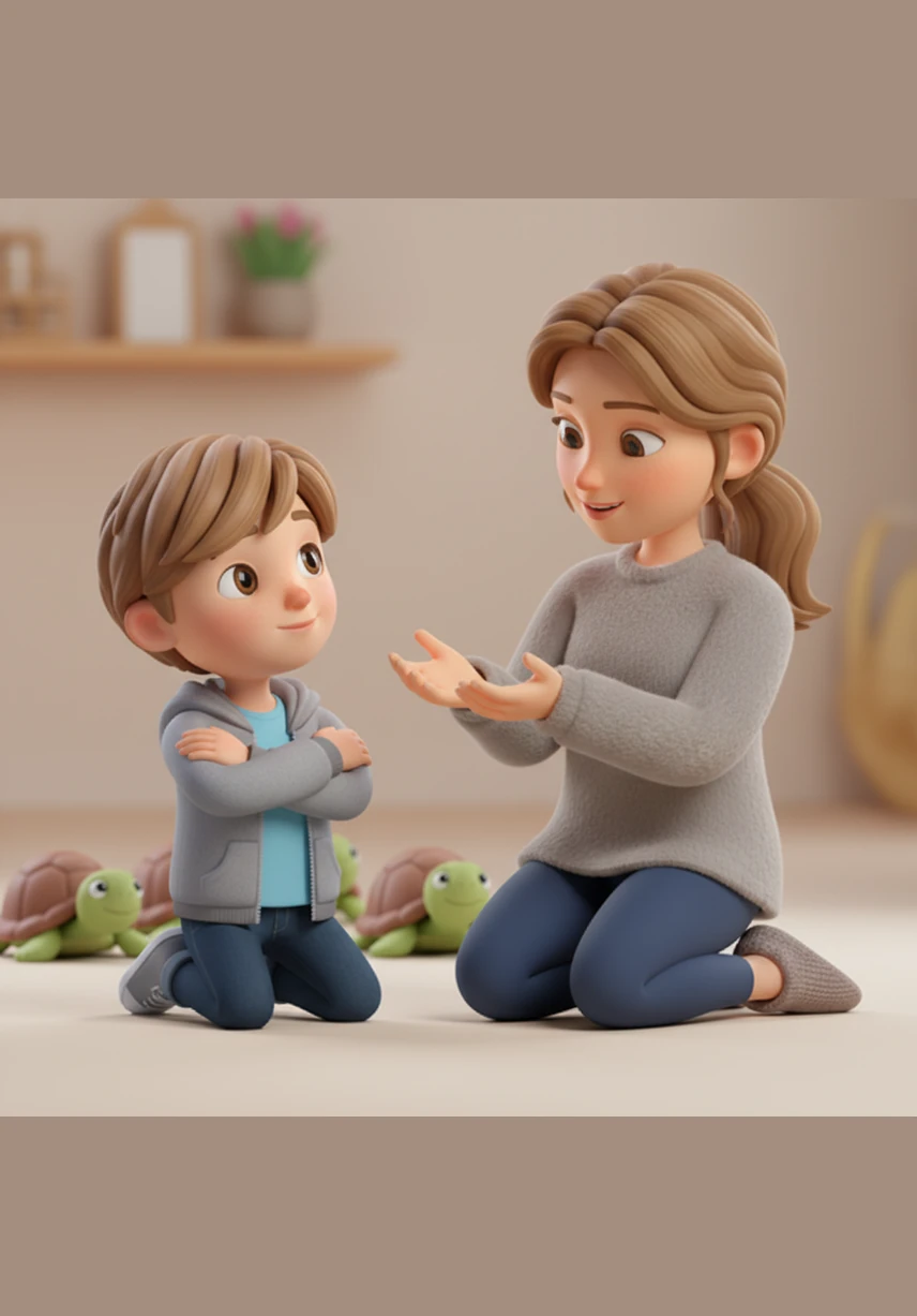Momma explains that the shells are like warm, cozy hugs that help the turtles feel safe. She tells Leo that the shell helps their bodies feel calm when things get too loud or when they feel a little bit worried.