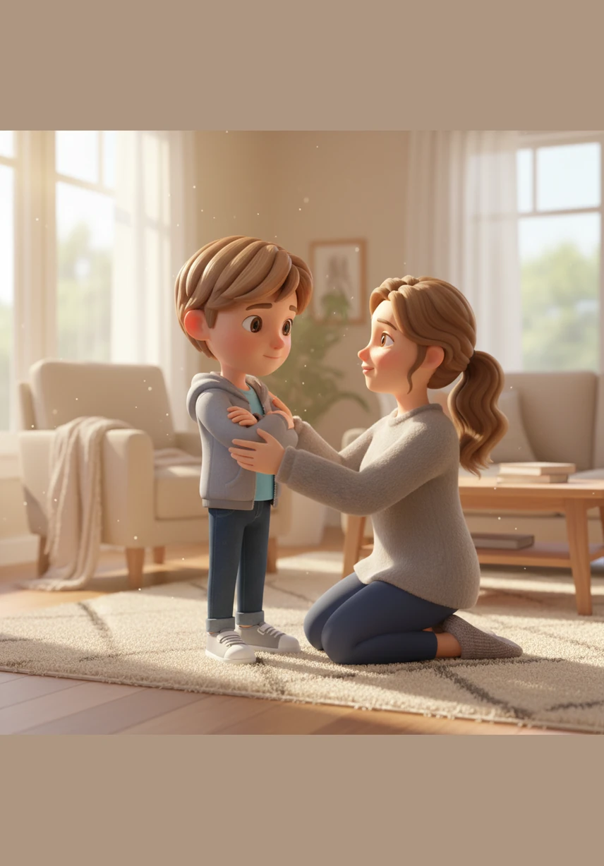 In their cozy living room, Momma shows Leo how to make his own shell. They both wrap their arms around their chests, hugging themselves tight while taking slow, deep breaths in and out together.
