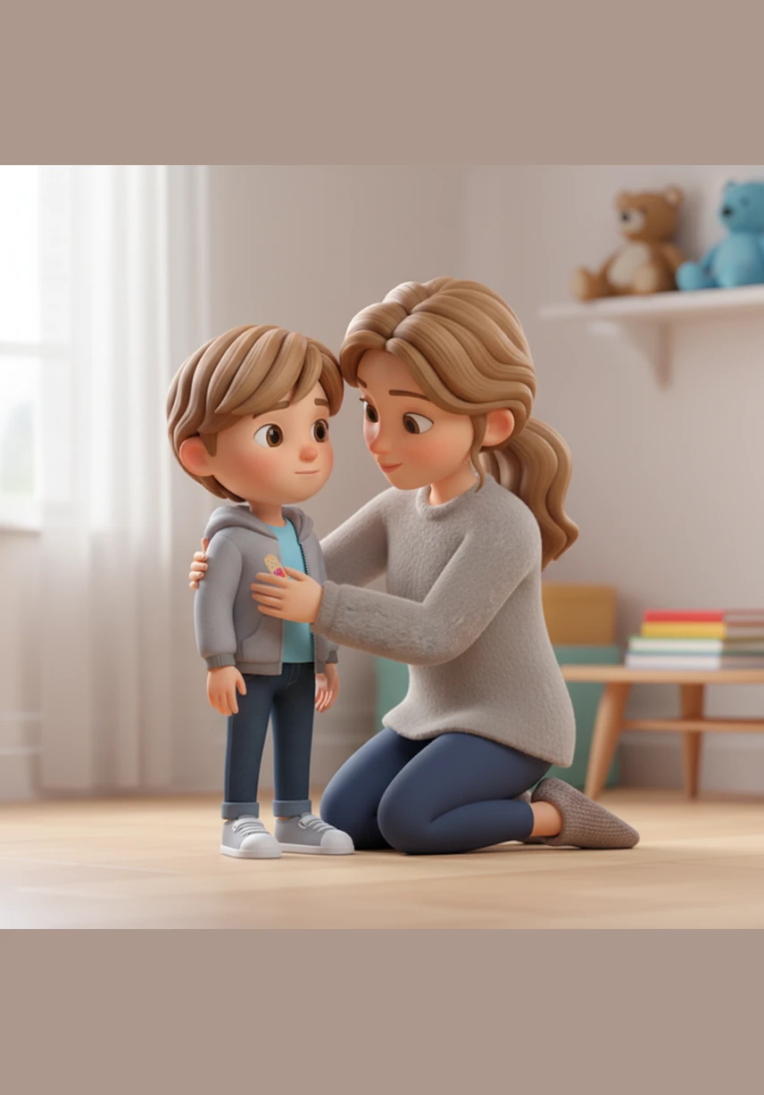 Before going inside, Momma kneels down to Leo's level and whispers that he should remember to be snug like a turtle. Leo gives a small nod, trying to be brave even though his tummy still feels very fluttery.