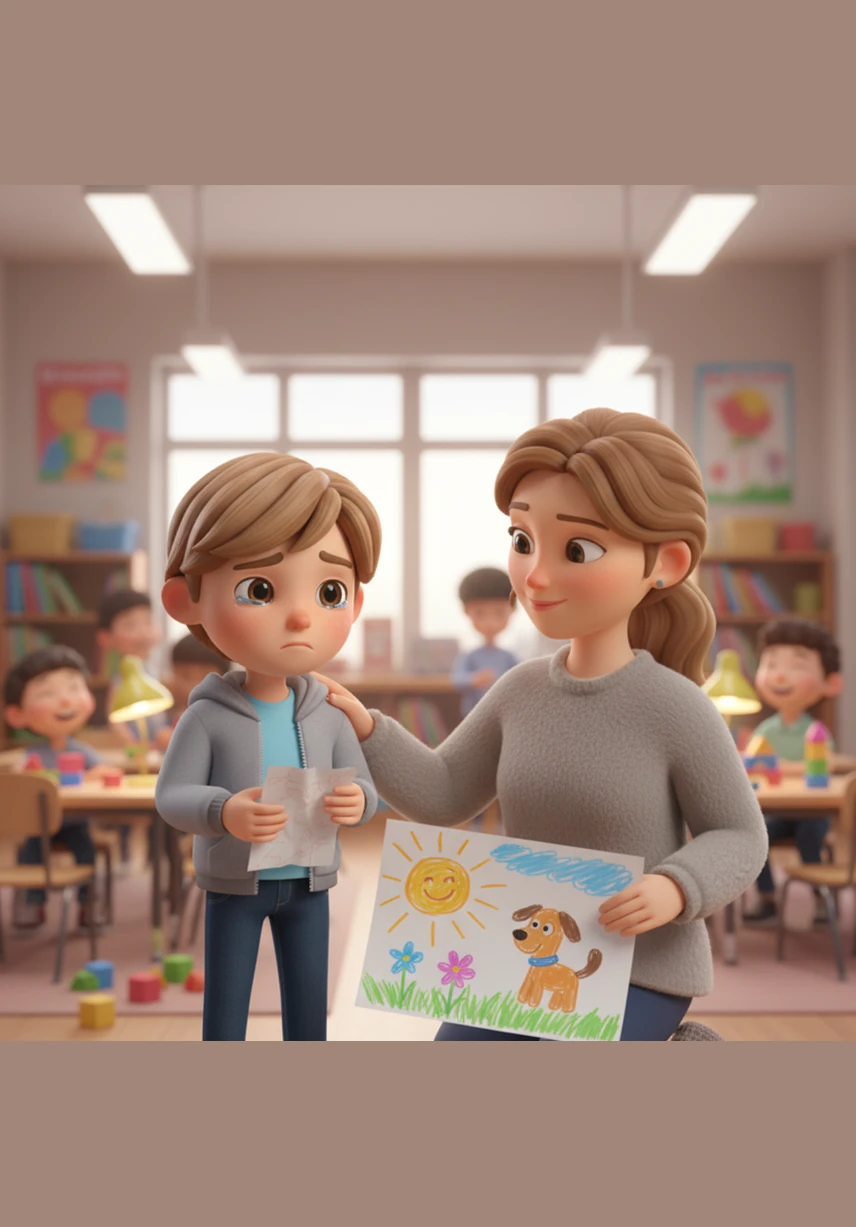 The classroom is full of energy, with bright lights and many children talking at once. Leo feels a wave of sadness and misses Momma so much that his chest begins to feel tight and heavy.