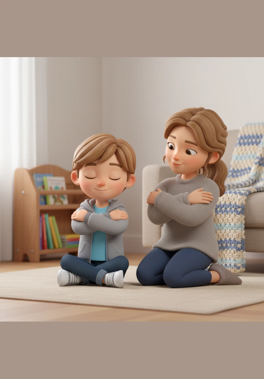 Remembering Momma’s lesson, Leo wraps his arms around himself and squeezes tight. He closes his eyes and takes a long, slow breath in and a gentle breath out, just like they practiced at home.