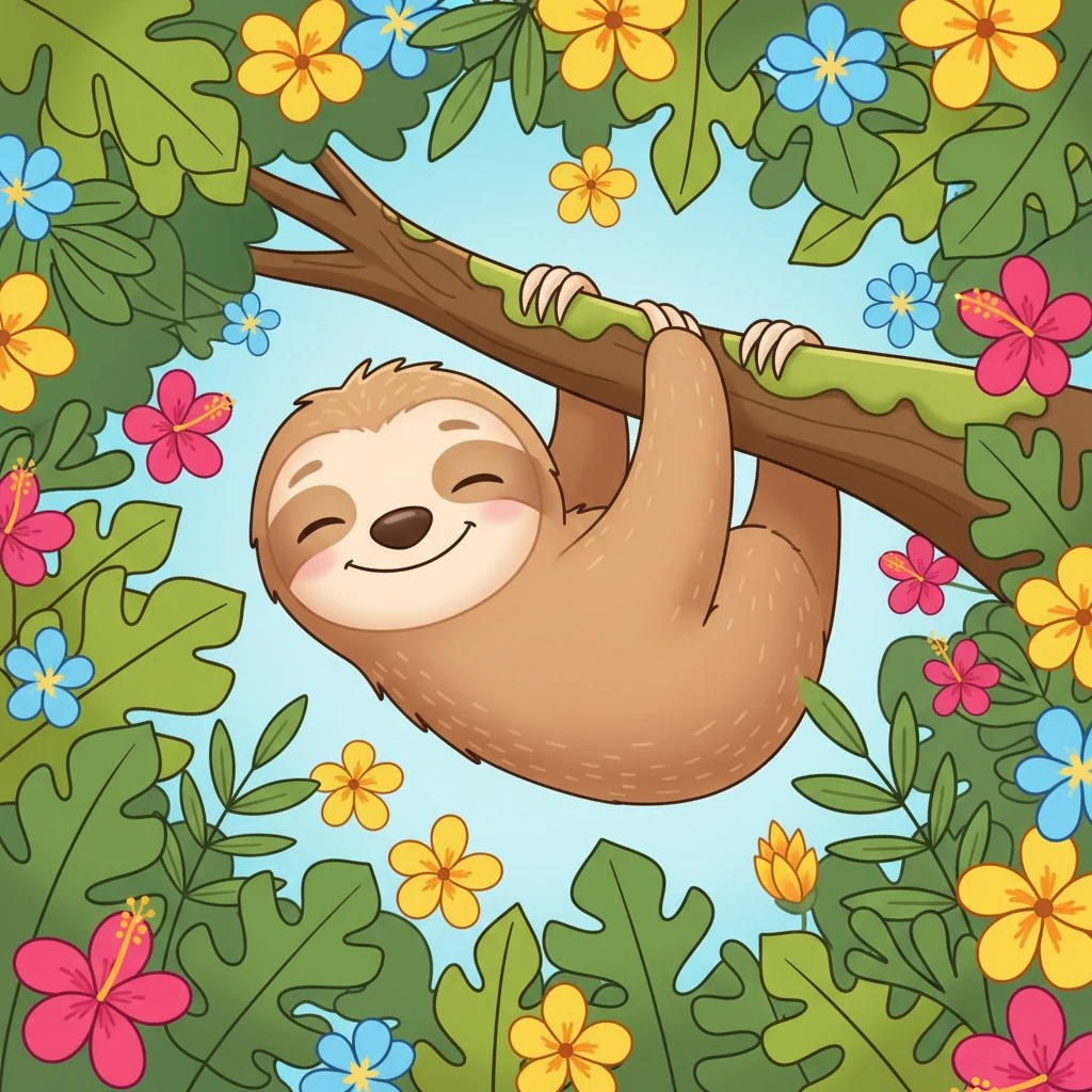 Sunny the Sloth hung upside down from his favorite branch, a picture of ultimate relaxation. His eyes were half-closed, and a gentle, contented smile graced his face. Lush green leaves and vibrant flowers created a cozy, colorful canopy around him.