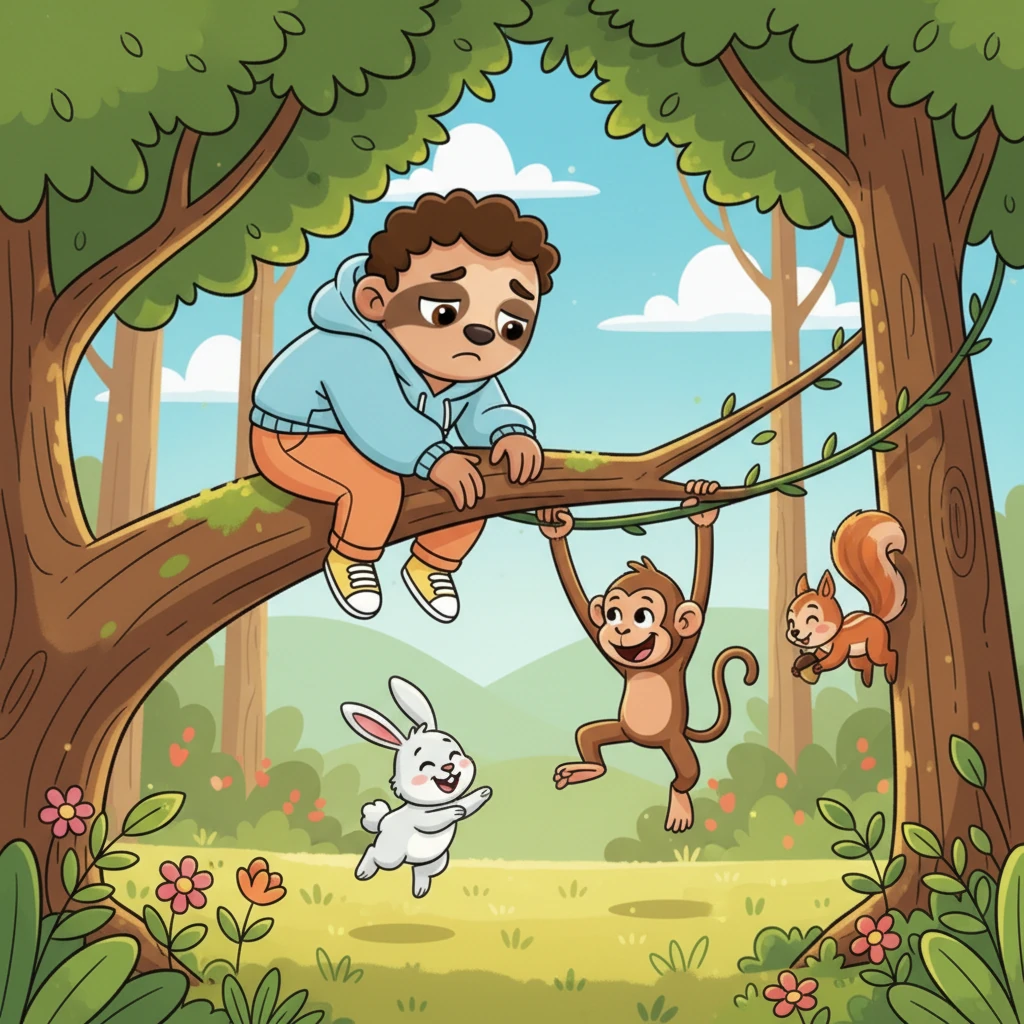 From his comfy perch, Sunny watched the other forest animals playing below. A bouncy bunny hopped with glee, a giggling monkey swung through the vines, and a speedy squirrel scampered up a nearby tree. Sunny's smile faded slightly, replaced by a tiny, wistful frown.