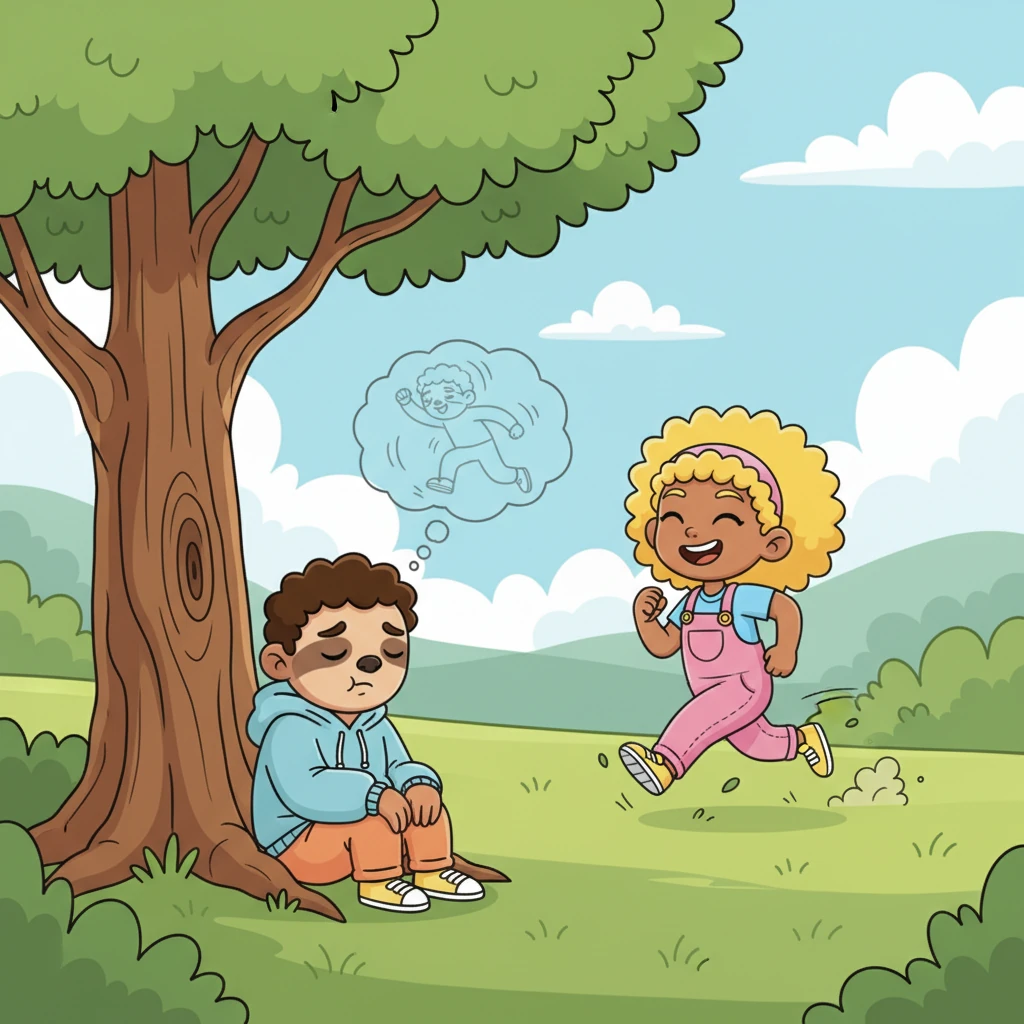 A soft sigh escaped Sunny as he wished he could join in the fun. He imagined himself trying to jump or run, but in his mind, he moved clumsily and incredibly slowly. His heart longed to participate, but his body felt too heavy to start.