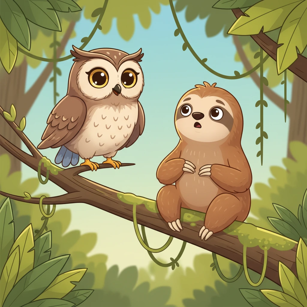 Suddenly, a wise old owl, with large, sparkling eyes, gently landed on a branch nearby. The owl offered Sunny a kind, knowing smile, its presence calm and reassuring. Sunny looked up, surprised but also intrigued by the friendly visitor.