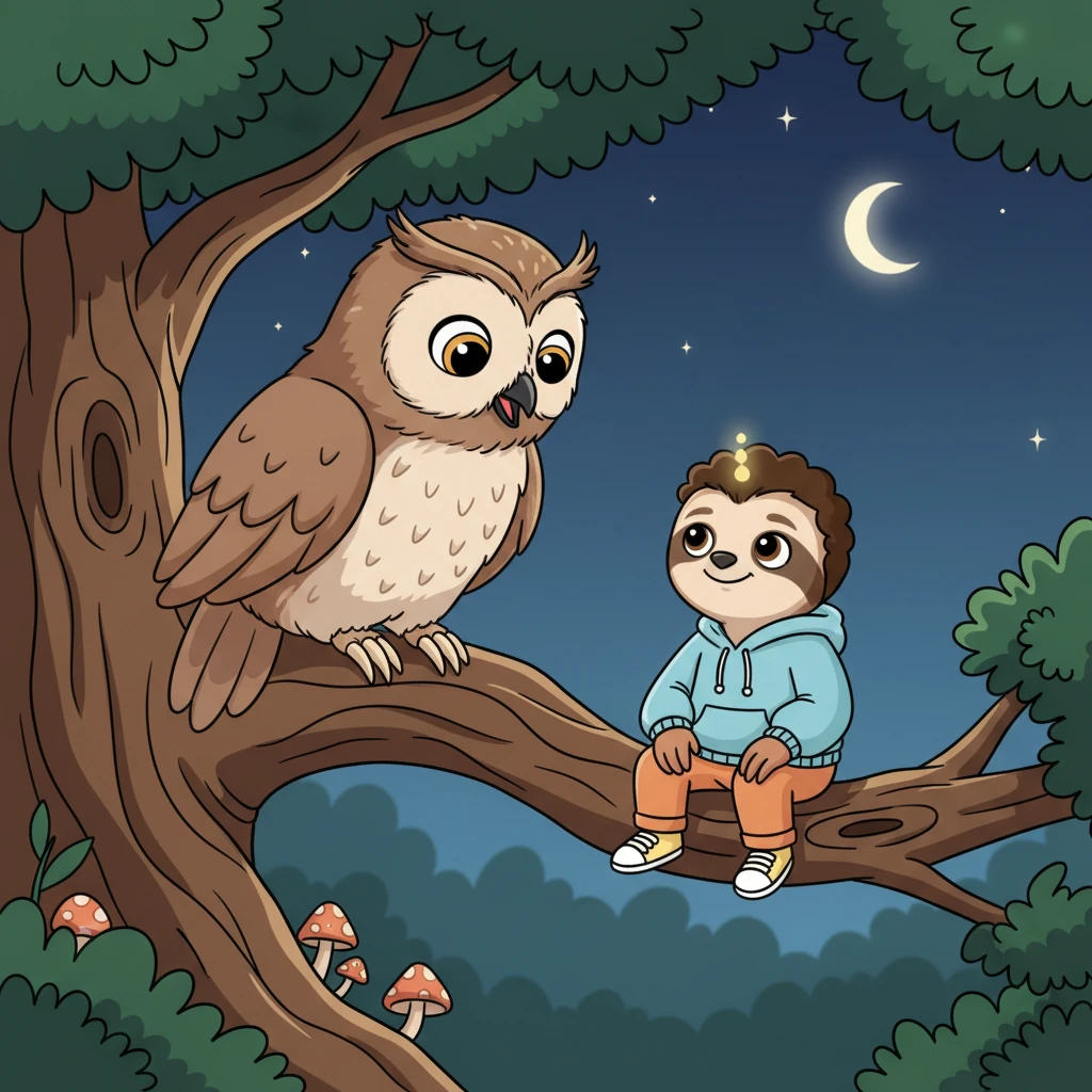 The wise owl hooted softly, its voice gentle and encouraging, "Dear Sunny, the longest journey begins with one small step." Sunny's eyes widened, absorbing the simple yet profound advice. A glimmer of understanding sparked in his thoughtful expression.