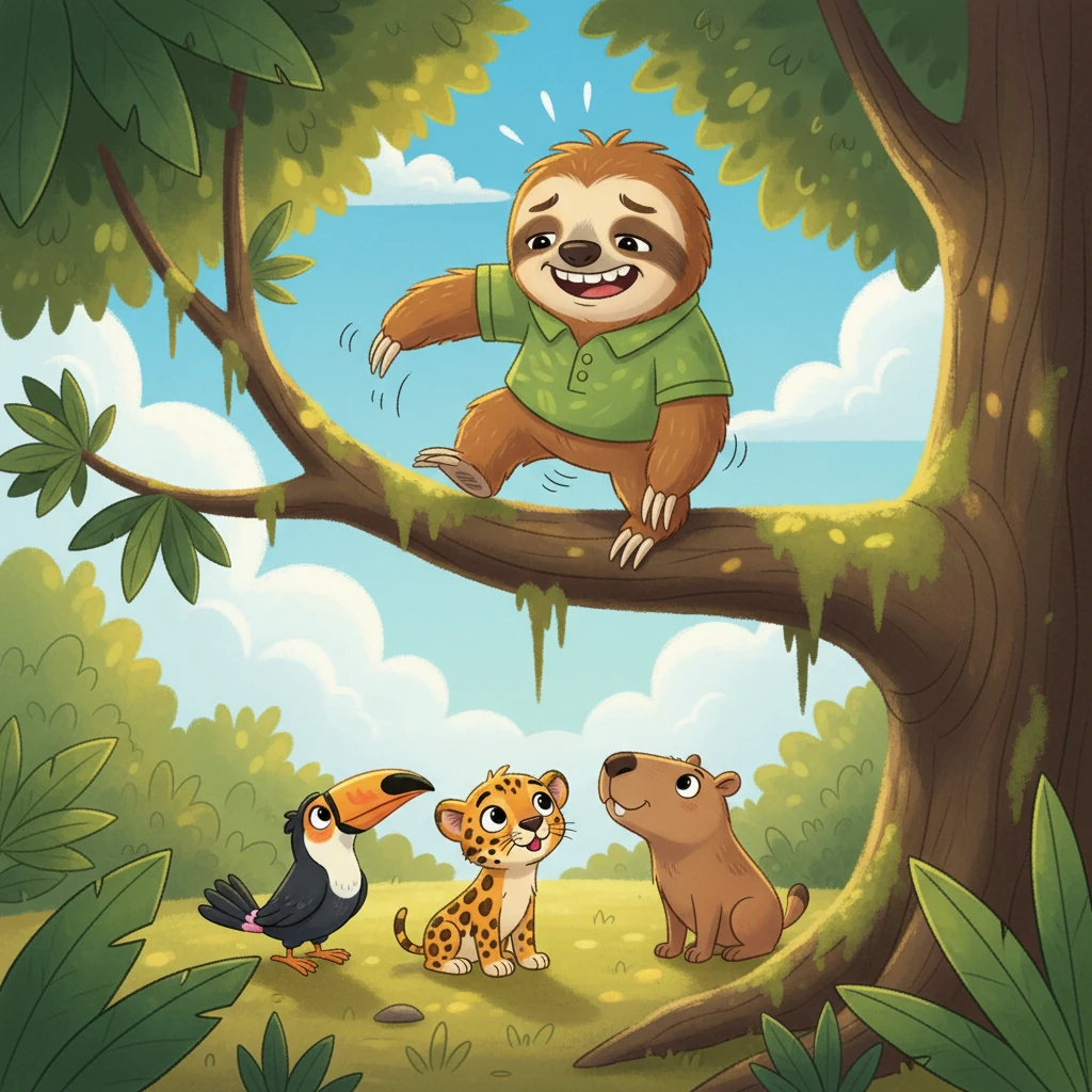 After much effort, Sunny managed to shift his weight and take a tiny, wobbly step along the branch. His legs trembled slightly, but a triumphant, though slightly exhausted, grin spread across his face. The other animals below paused their play, watching him with curious anticipation.