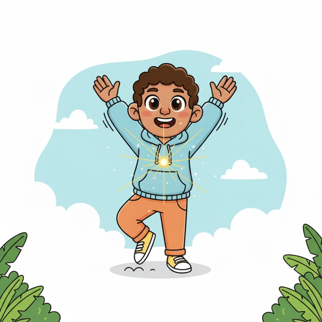 As he completed that tiny step, a wonderful feeling bloomed inside Sunny. A small, glowing spark of joy and energy magically appeared near his chest, radiating warmth. He stretched a bit further, feeling a newfound lightness and a wide, happy smile spreading across his face.