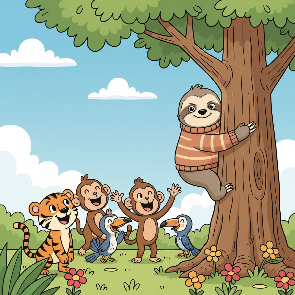 With purpose in his movements, Sunny began to carefully but steadily climb down the tree trunk. He was still slow, but there was a clear determination in every grip and shift. The other animals gathered at the base of the tree, cheering him on with big, encouraging smiles.