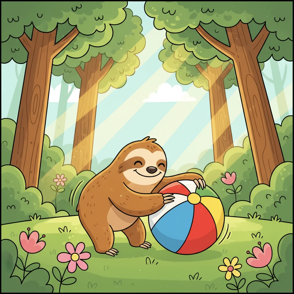 Now on the ground, Sunny found his own unique way to play. He wasn't fast, but he gently rolled a colorful ball with his nose, swaying happily to the rhythm of the forest. He was participating, beaming with pure happiness, as the sun shone brightly on a scene full of joyful energy.