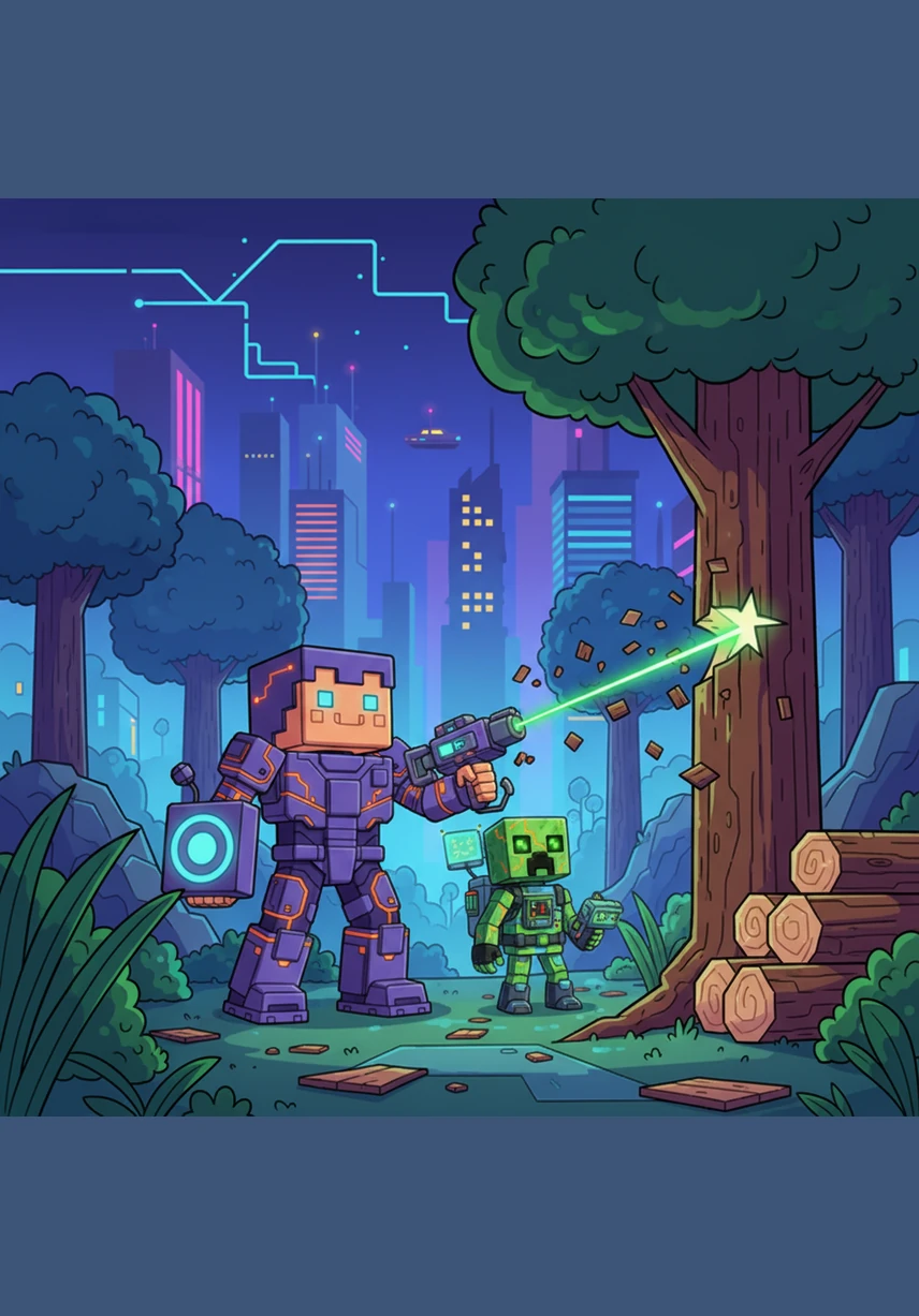 To survive, Steve needed tools, so he began by harvesting wood from a tall oak tree. With a steady rhythm, he gathered the logs and felt the rough bark in his hands. He knew these simple materials would be the foundation of his new life.