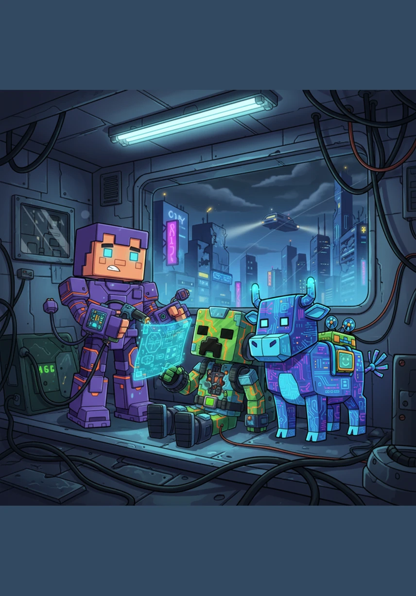 Outside, a green, hissing creature called a Creeper lurked near the windows, its eyes glowing with a quiet threat. Steve watched from safety, thankful for the walls he had built with his own two hands. He realized that in this world, a home was more than just shelter; it was a sanctuary.