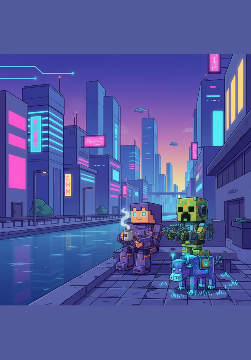 When morning came, Steve decided to start a small farm to ensure he would never go hungry. He tilled the soil by a sparkling river and planted golden seeds that would soon grow into tall wheat. A friendly cow wandered by, watching him work with curious, wide eyes.