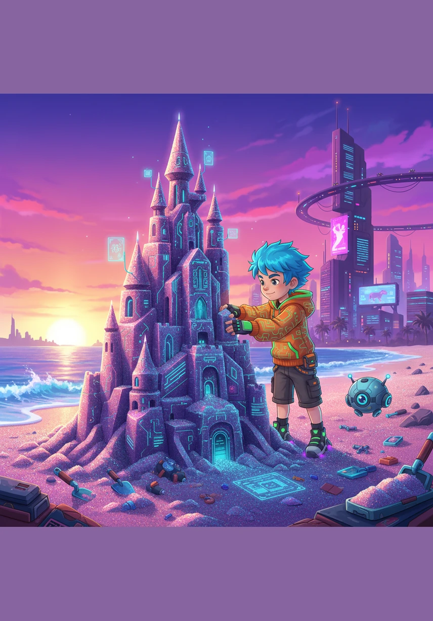 Leo builds a giant sandcastle on a sparkling beach under the golden summer sun. He looks out at the turquoise ocean, wishing for a bit of winter magic to cool down the hot July day.