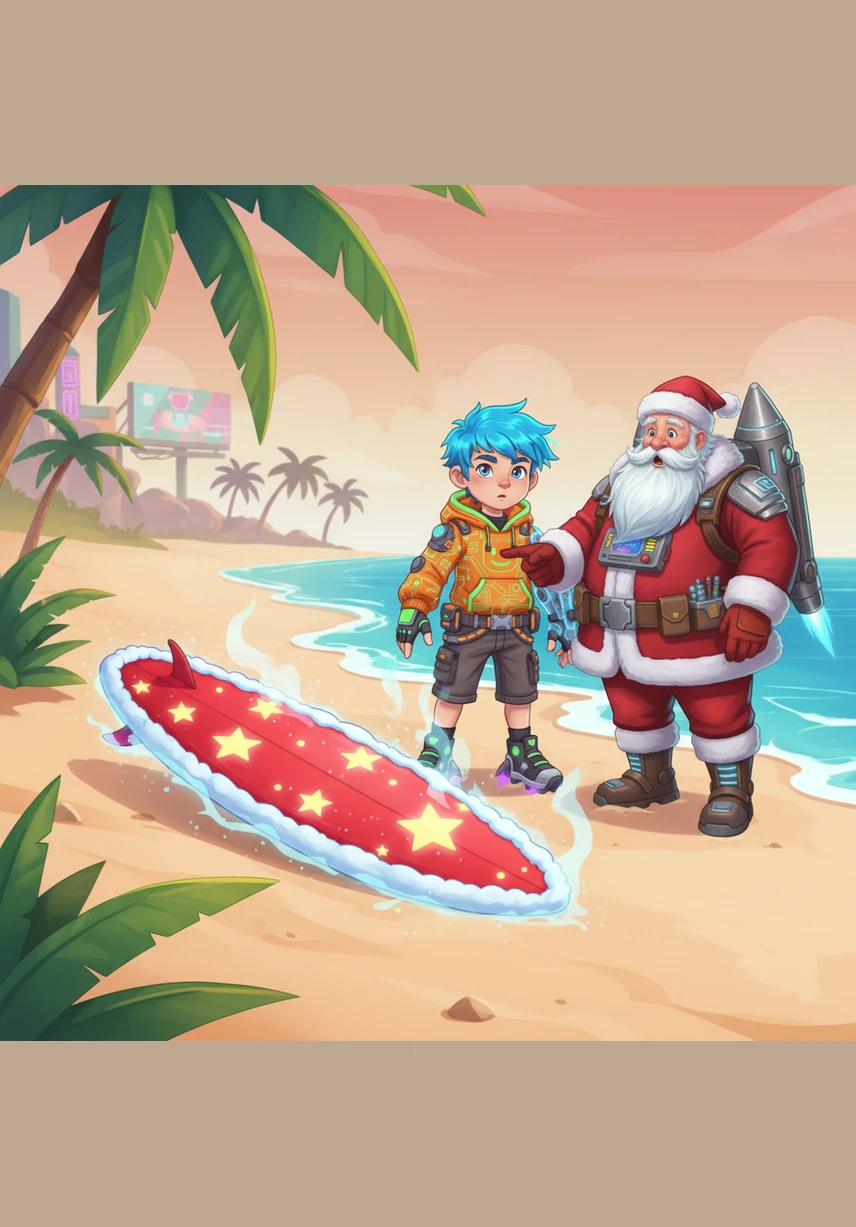 A bright red surfboard with white fluffy trim and gold stars washes up on the sandy shore. It radiates a soft, magical glow and stays icy cold even in the heat of the afternoon.